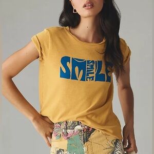 MOTHER XS The Sinful Smile Embroidered Graphic Tee in Yellow